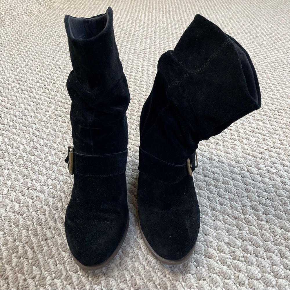 Black suede leather booties with brown platform heels